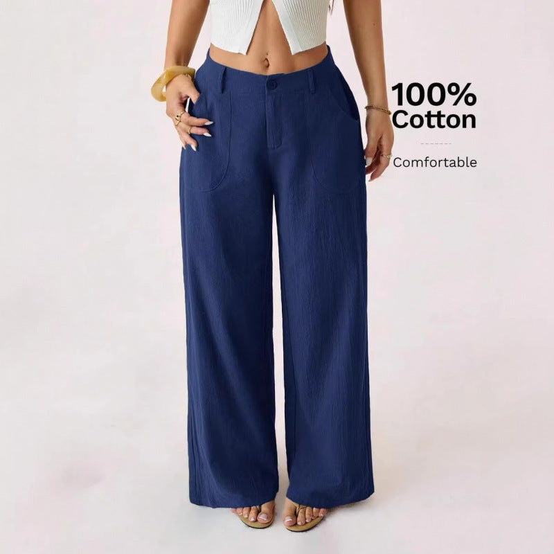 New Cotton-linen Womens Mid-rise Casual Commuter Wide-leg Pants