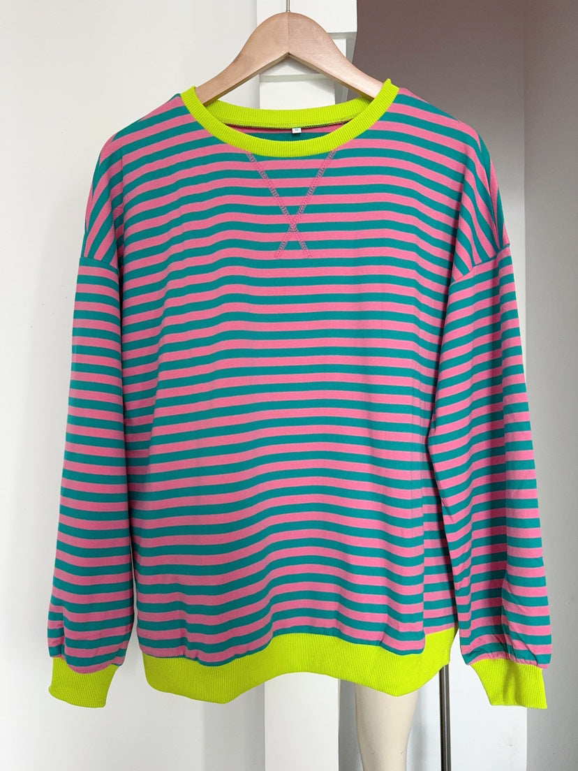 Women's Colorful Striped Round Neck Loose Sweatshirt