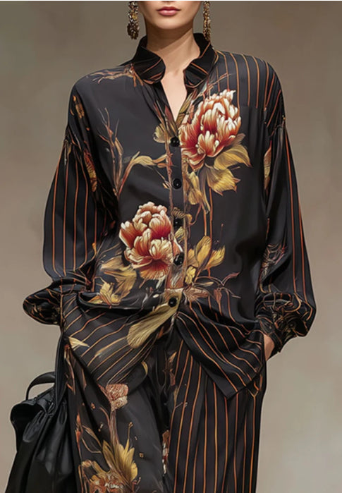 Retro Striped Peony Print Black Chiffon Long Sleeved Shirt And Wide Leg Pants Set