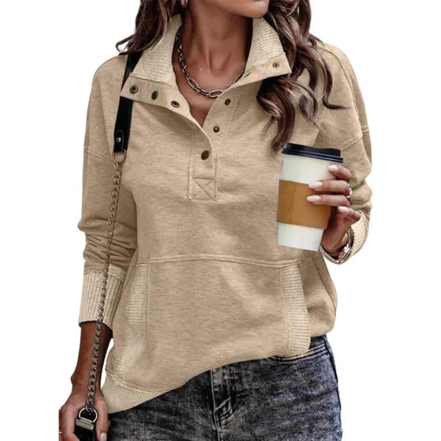 Dame ensfarvet sweatshirt med lange ærmer og knapper samt lommedesign