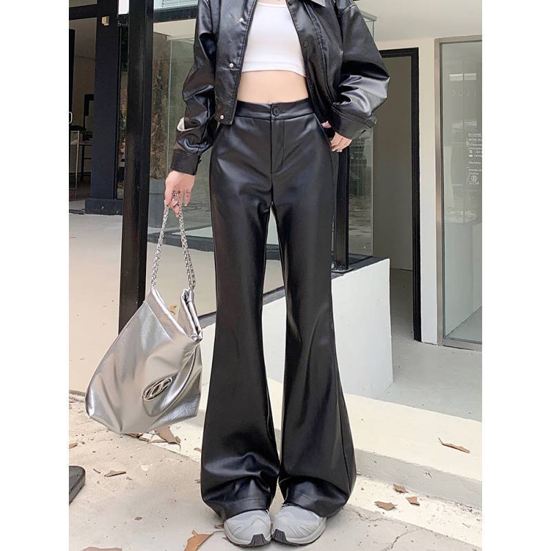 Slim Fit Læder Bootcut Bukser Slankende Højtaljede Casual Læderbukser
