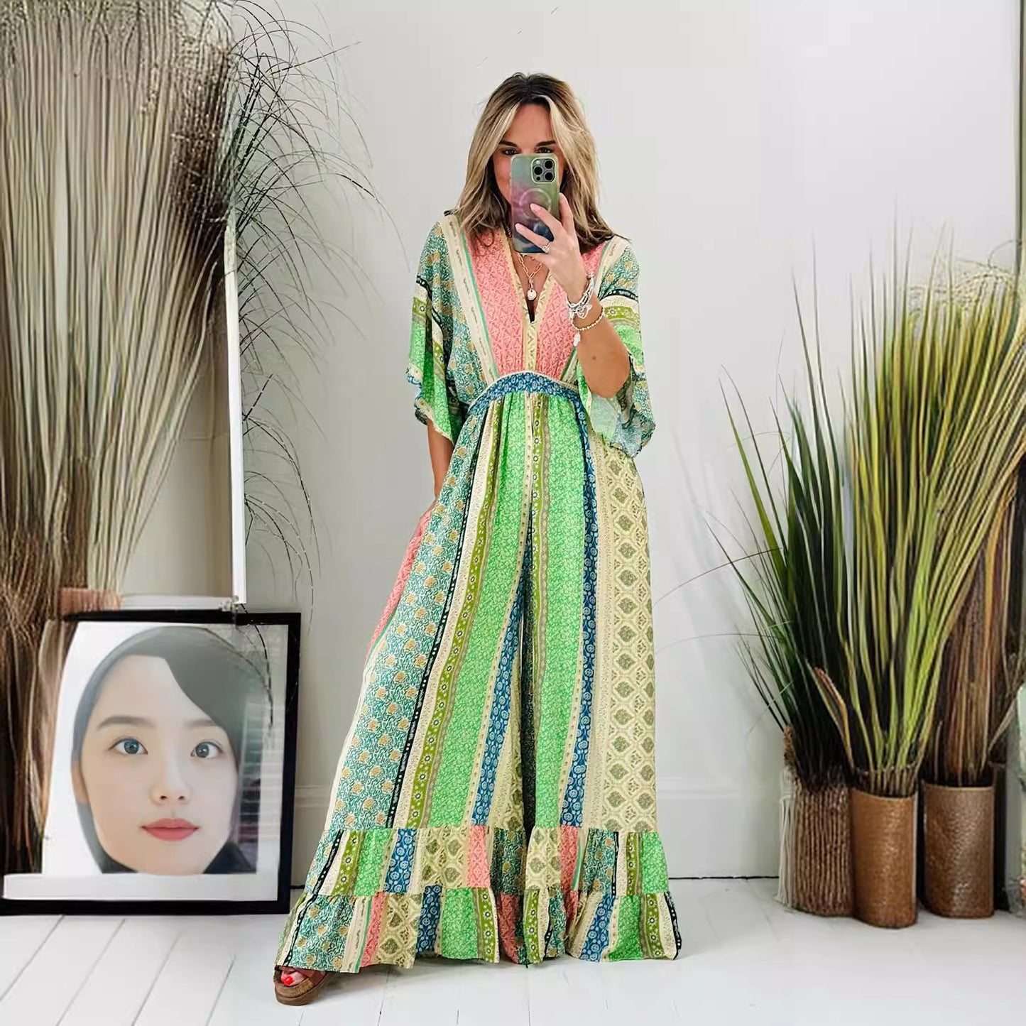 Summer Fashion Printed Wide Leg Leisure Jumpsuit For Women