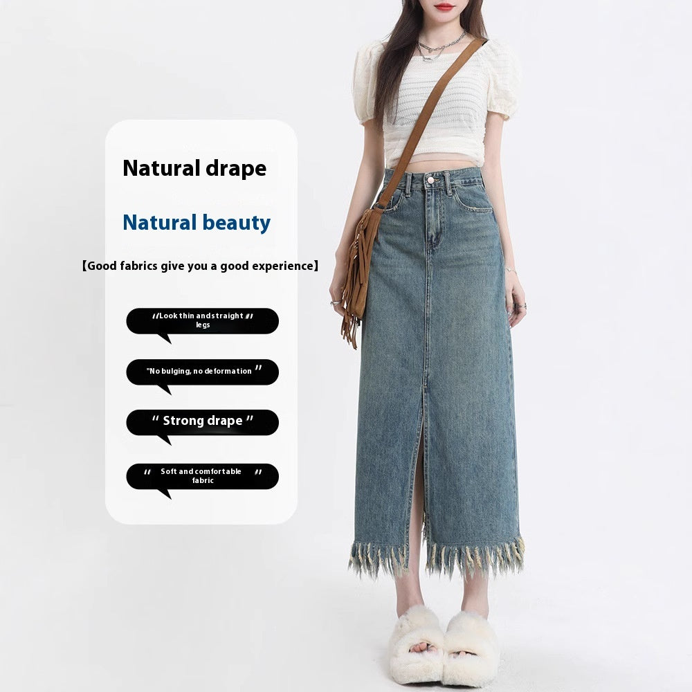 Retro Slids Denim Nederdel Kvinders Kvast Midnatslang Hofte Nederdel