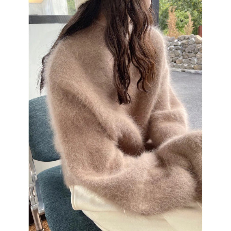 Loose Solid Color Temperament Lantern Sleeve Half Turtleneck Versatile Jumper