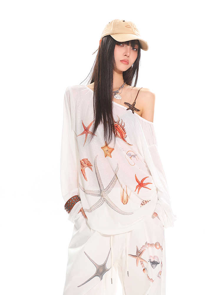Diagonal Collar Long Sleeve T-shirt Printed See-through Loose Blouse