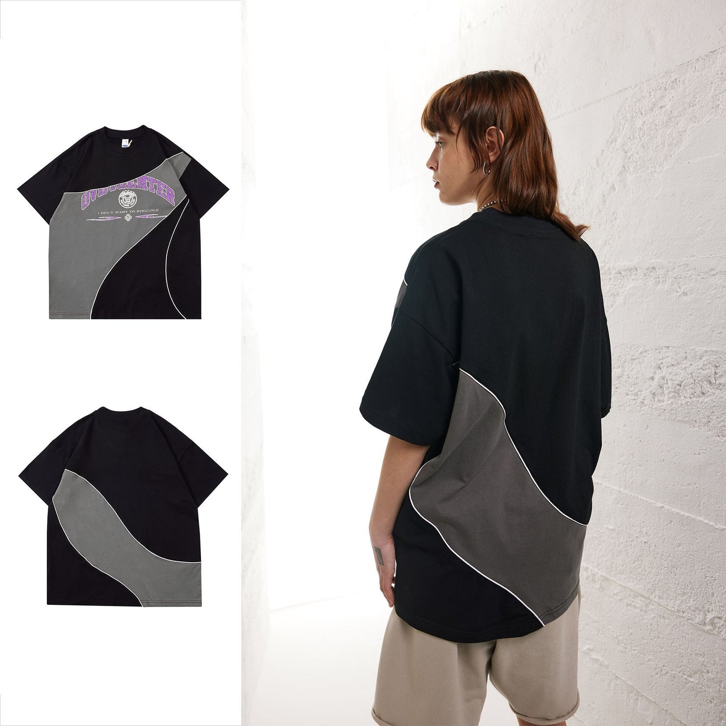 High Street Niche Retro Color Matching Tema Design Drop Shoulder Kortærmet