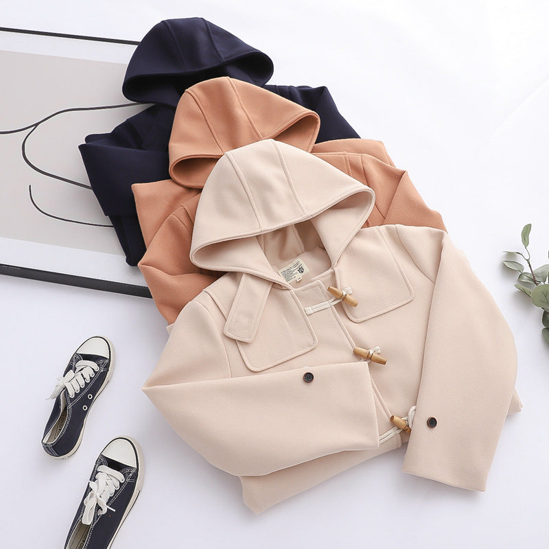 Retro Horn Button Hooded Woolen Coat