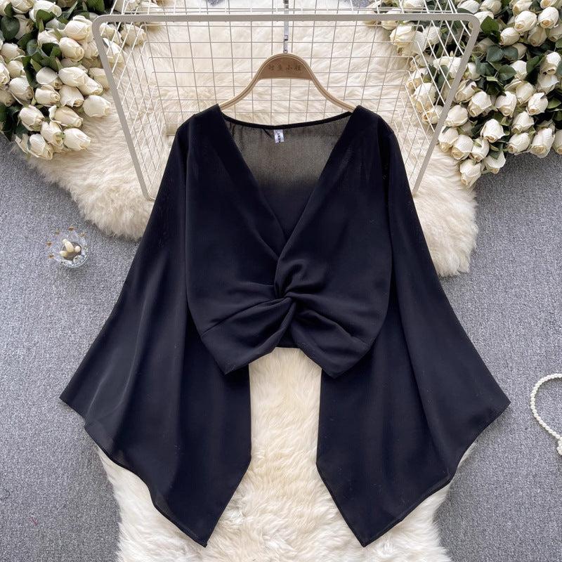 Niche Design V-neck Knot Bell Sleeve Shirt