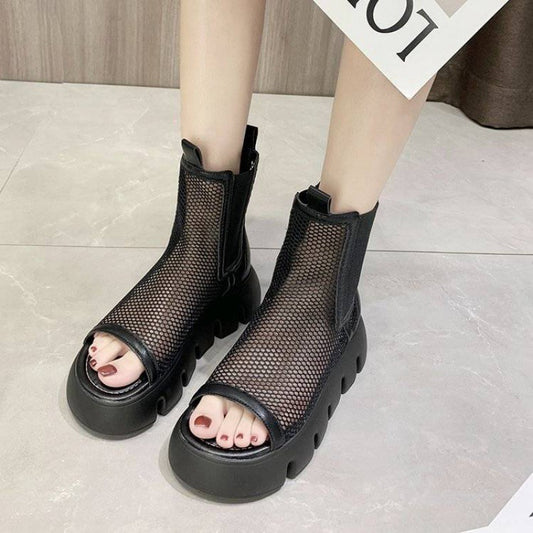 Soft Leather Mesh Hollow Platform Platform Wedge Martin Boots
