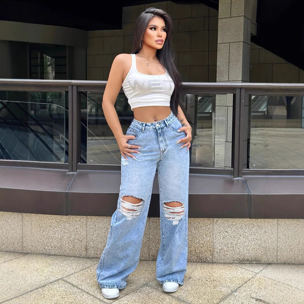 Ripped Washed Jeans Loose Straight Wide Leg