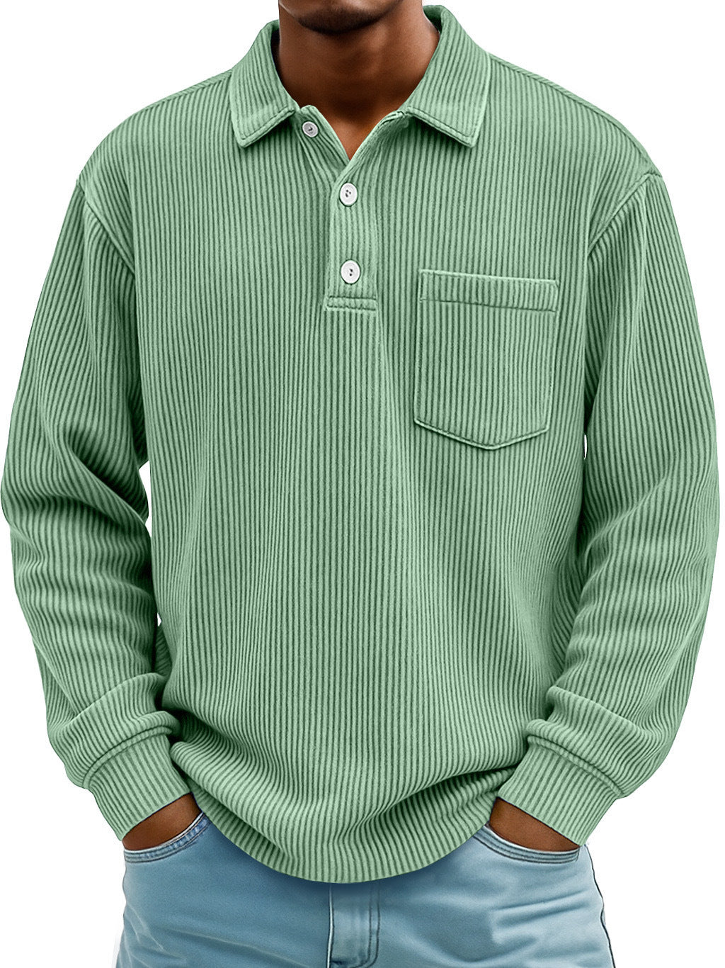 Mens Long-sleeve Polo Shirt Casual Corduroy-striped Top