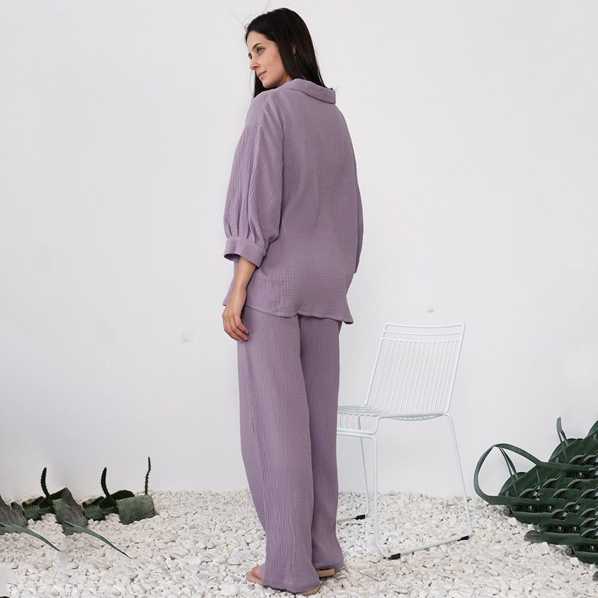 European And American Crepe Pajama Set Loose-fitting Shirt And Trousers
