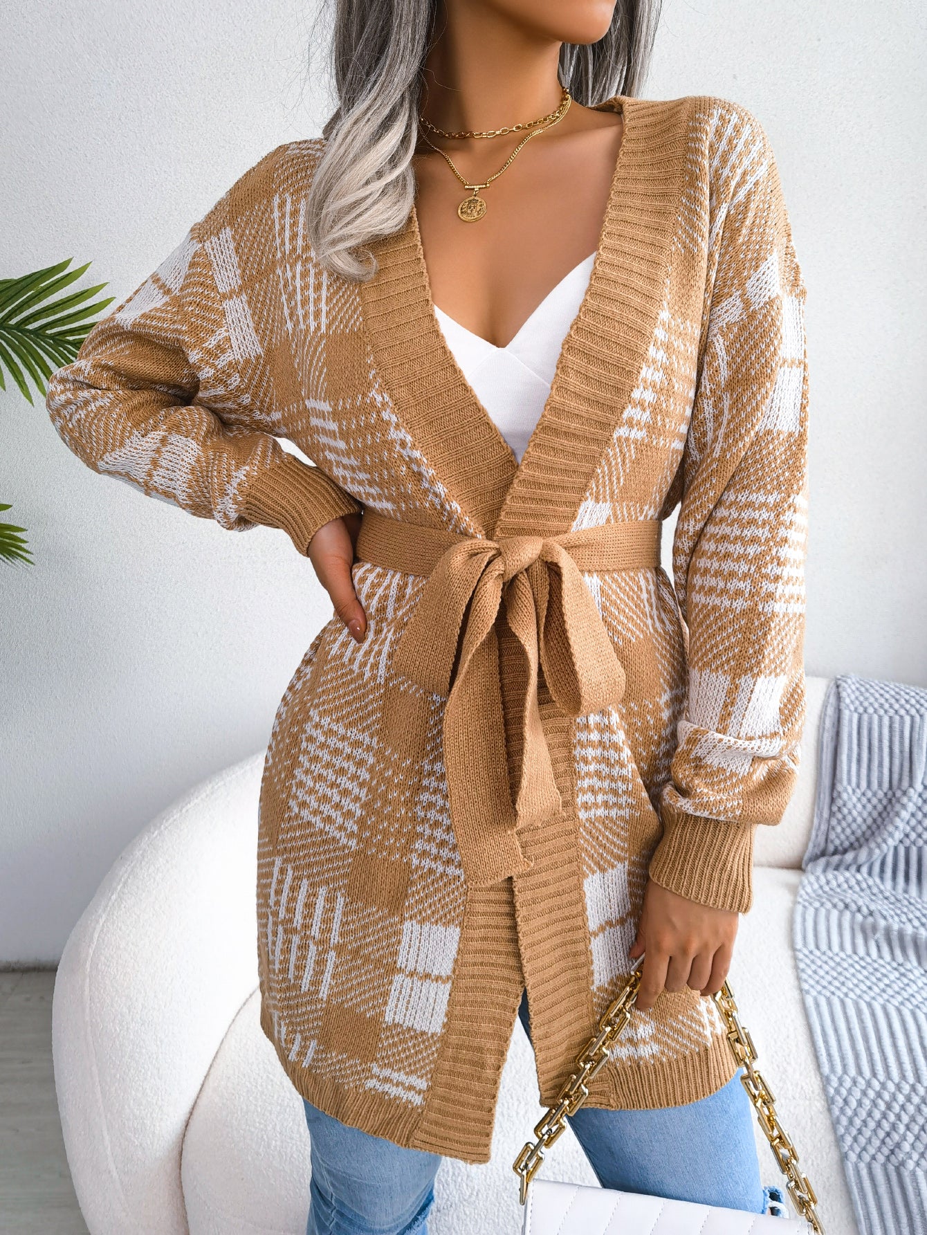 Women Plaid Tie Lantern Sleeve Casual Cardigan Sweater