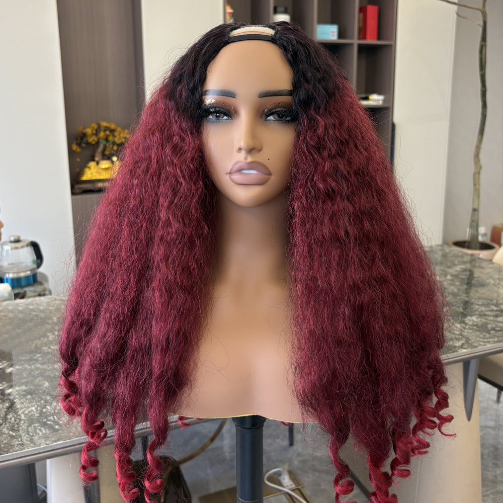 Women's Personality Wine Red V Curly Wig