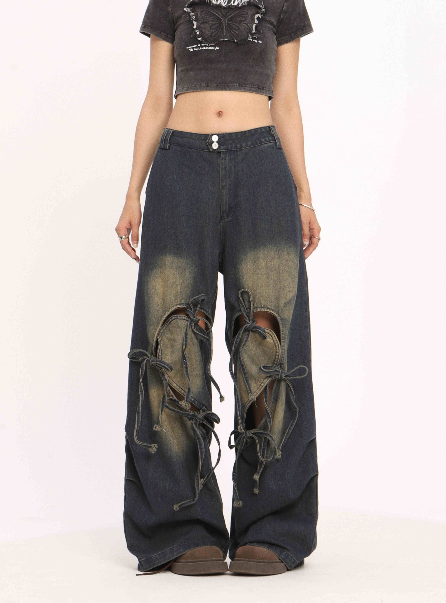 Ripped Love Lace-up Jeans Women's High Waist Straight Wide Leg Pants