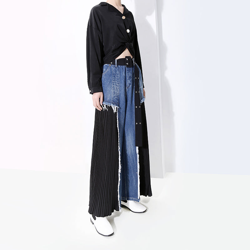 Jeans stitching chiffon wide-leg pants