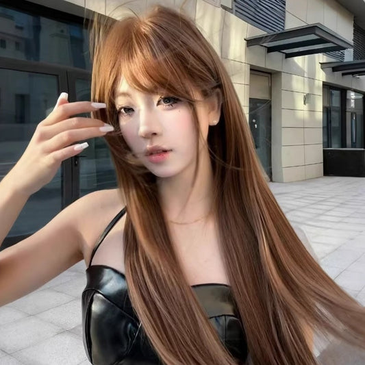 Wig Female Warm Brown Long Straight Hair Age Reducing