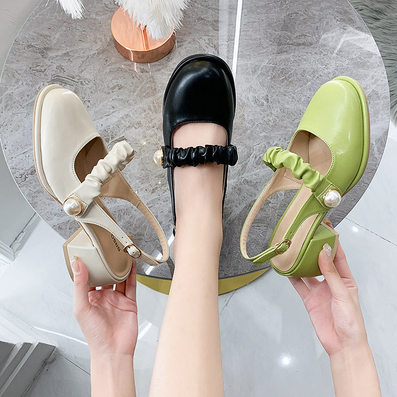 Women's Simple Pearl Chunky Heel Sandals