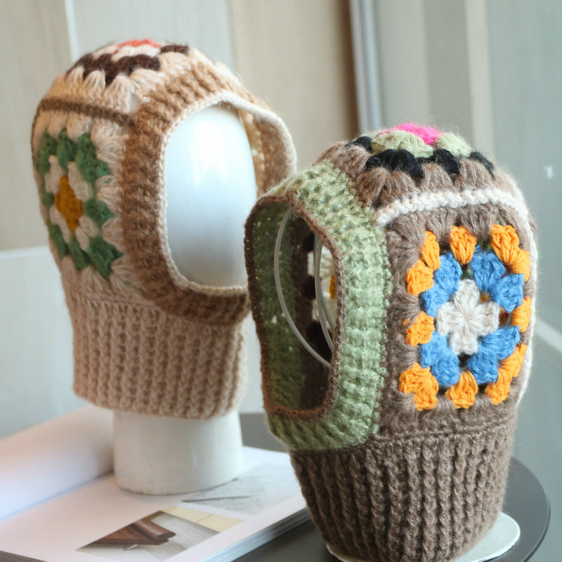 Mohair Contrast Color Niche Hand Crocheting Knitted Neckerchief One Sleeve Cap Warm Wool Hat
