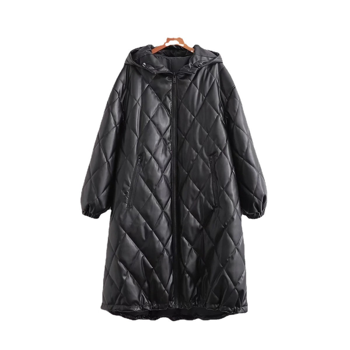 Commuter Light Cooked Style Rhombus Line Imitation Leather Coat