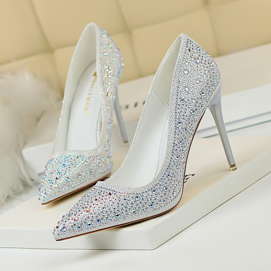 Spidse Sexede Slankende Rhinestone Farvede Diamant Højhælede Sko