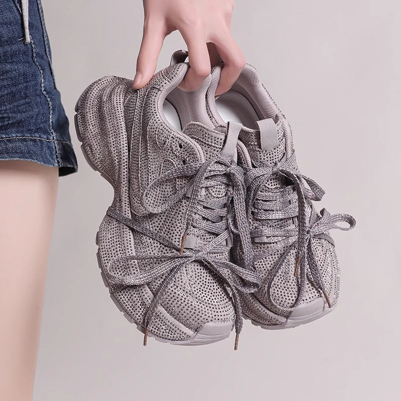 Platform Dad Sneakers til Kvinder Nye Åndbare Rhinestone Fuld Diamantrem