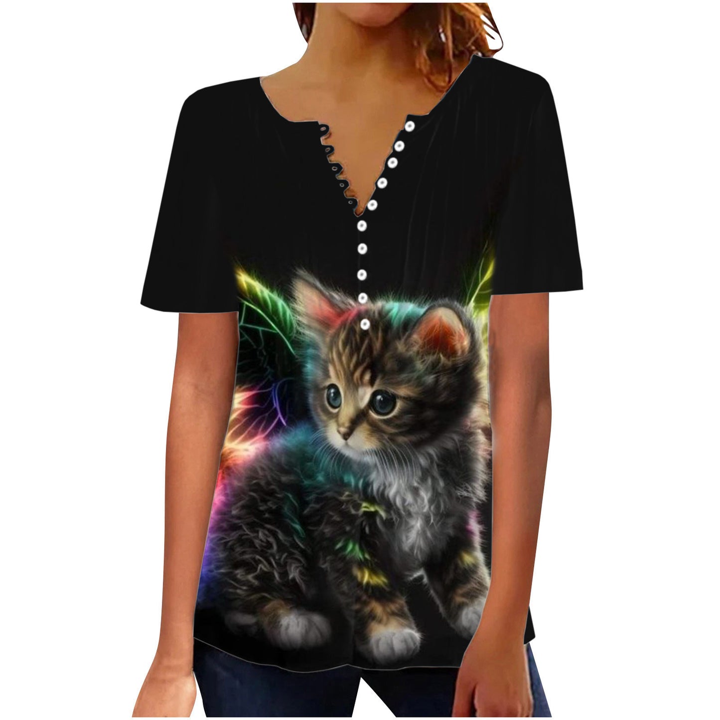 Women's Digital 3D Printed Pleated Round Neck T-shirt