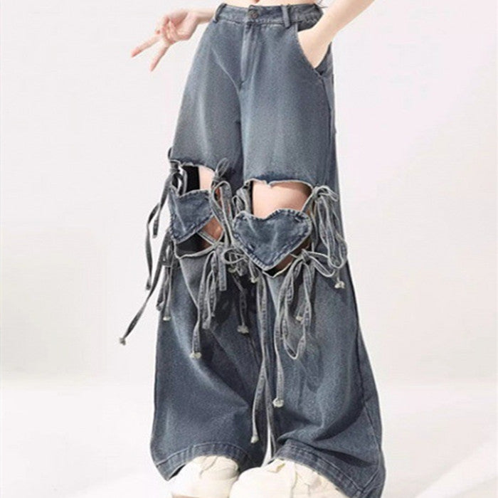 Damehøjtaljede jeans med kærlighedsremdesign