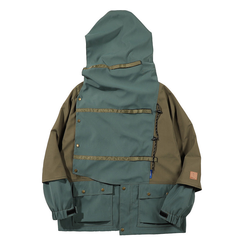 Autumn And Winter Personality Color Blocking Retro Hooded Jacket Men