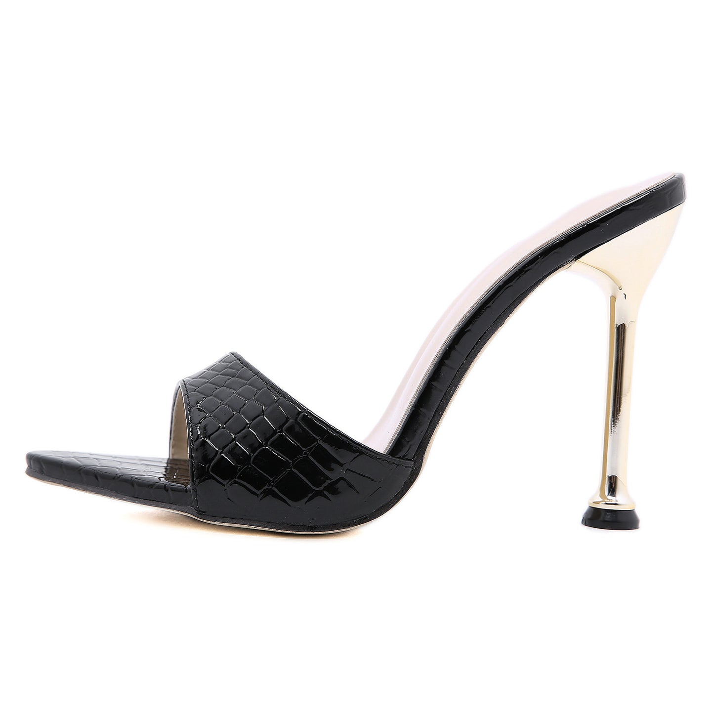 Super High Heel Metal Pointed Fish Mouth Snake Print Sandals