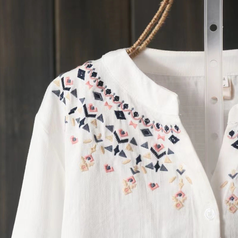 Womens Loose Versatile White Long-Sleeve Embroidered Shirt