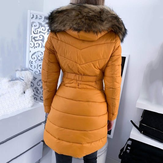 Long Cotton Jacket With Yellow Fur Collar And Hood