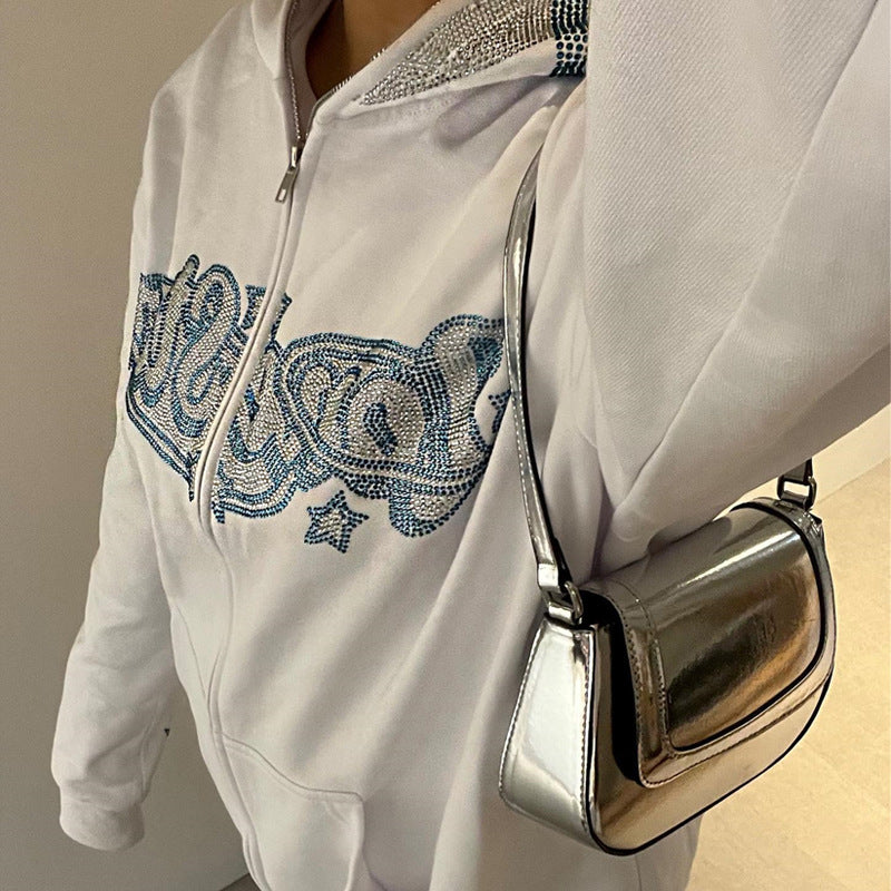 Rhinestone Letters Printed Loose Sweatshirt