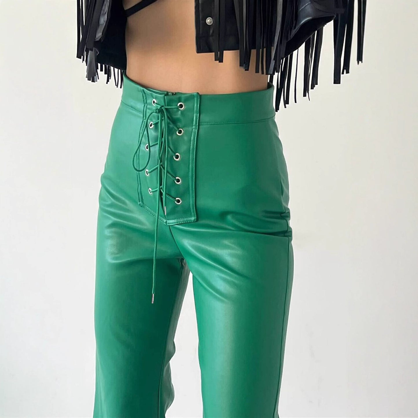 Women's Leather High Waist Stretch Metal Hole Lace-up Pants