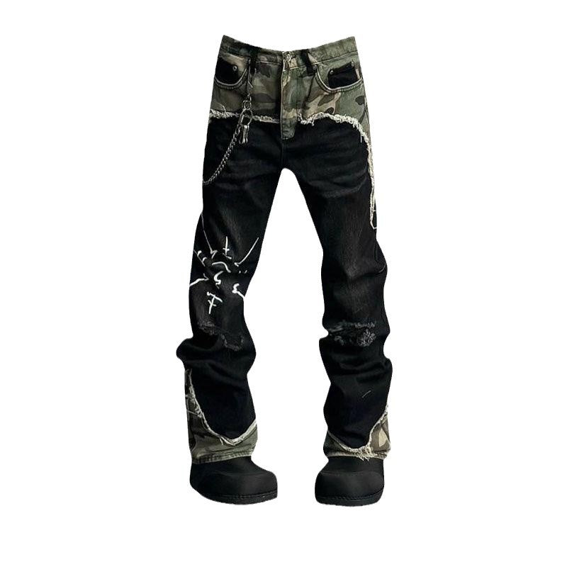American Street Retro Camouflage Stitching Jeans