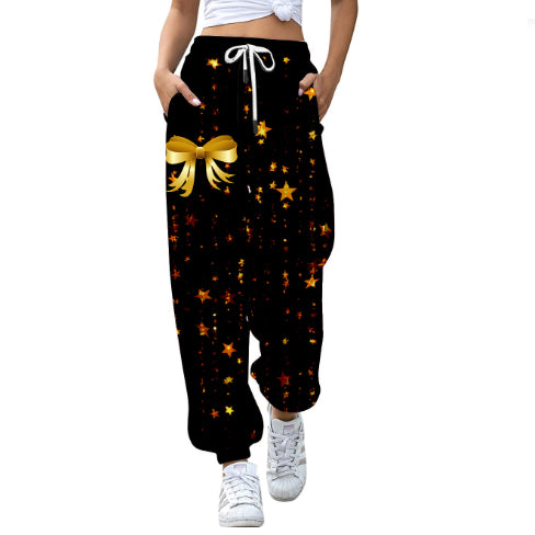 European And American Christmas High Waist Loose 3d Printed Casual Drawstring Women's Sports Casual Pants