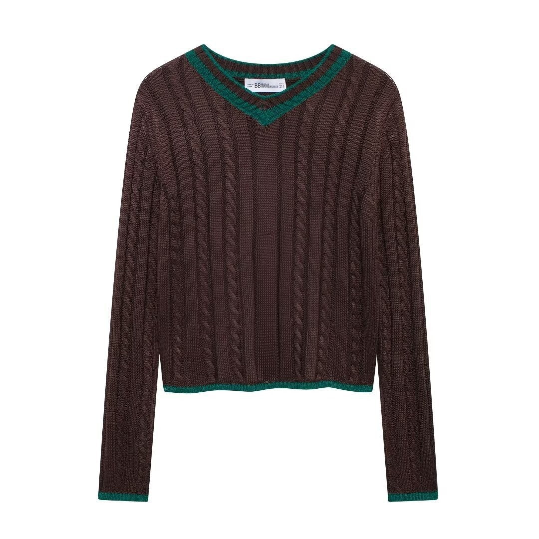 Fashion Long Sleeve V-neck Cable Pattern Sweater