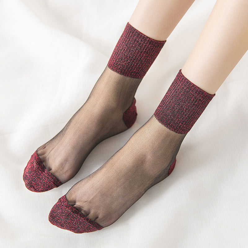 Spring And Summer Ultra-thin Women's Cotton Base Black Silk Transparent Mid-calf Socks
