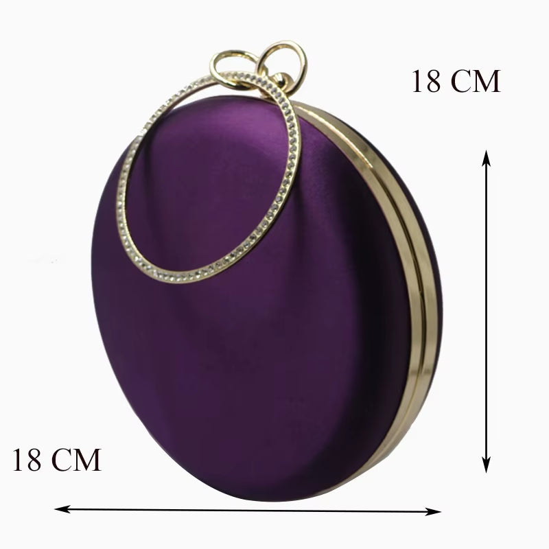Silk Satin Round Clutch Purse for Women - Elegant Evening Wristlet Handbag in Purple