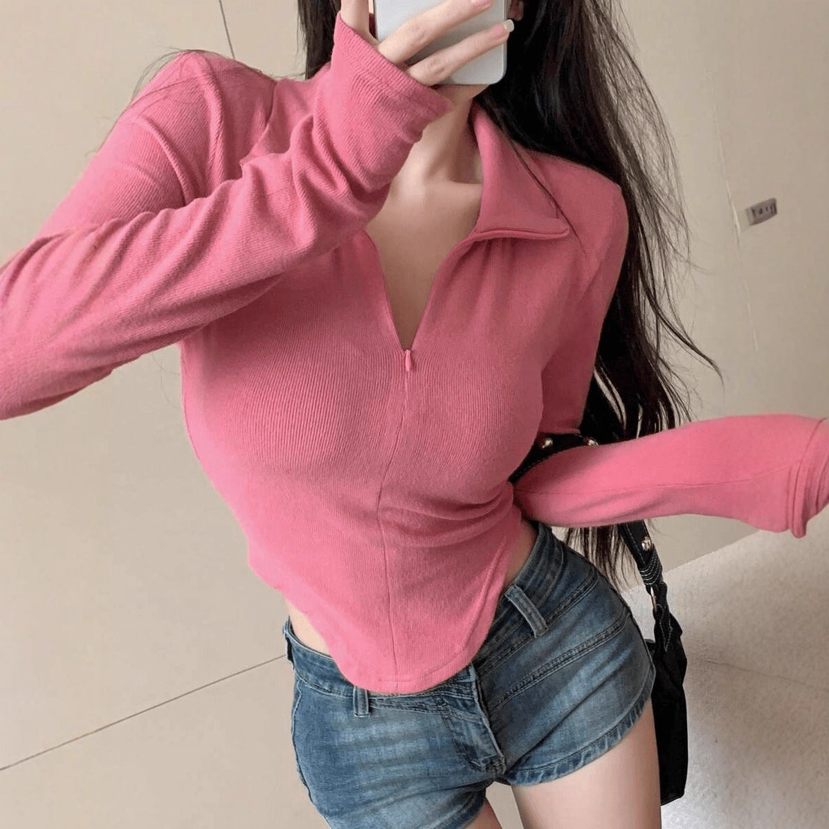 Slim Fit Long-sleeved T-shirt Women's Stand Collar Top