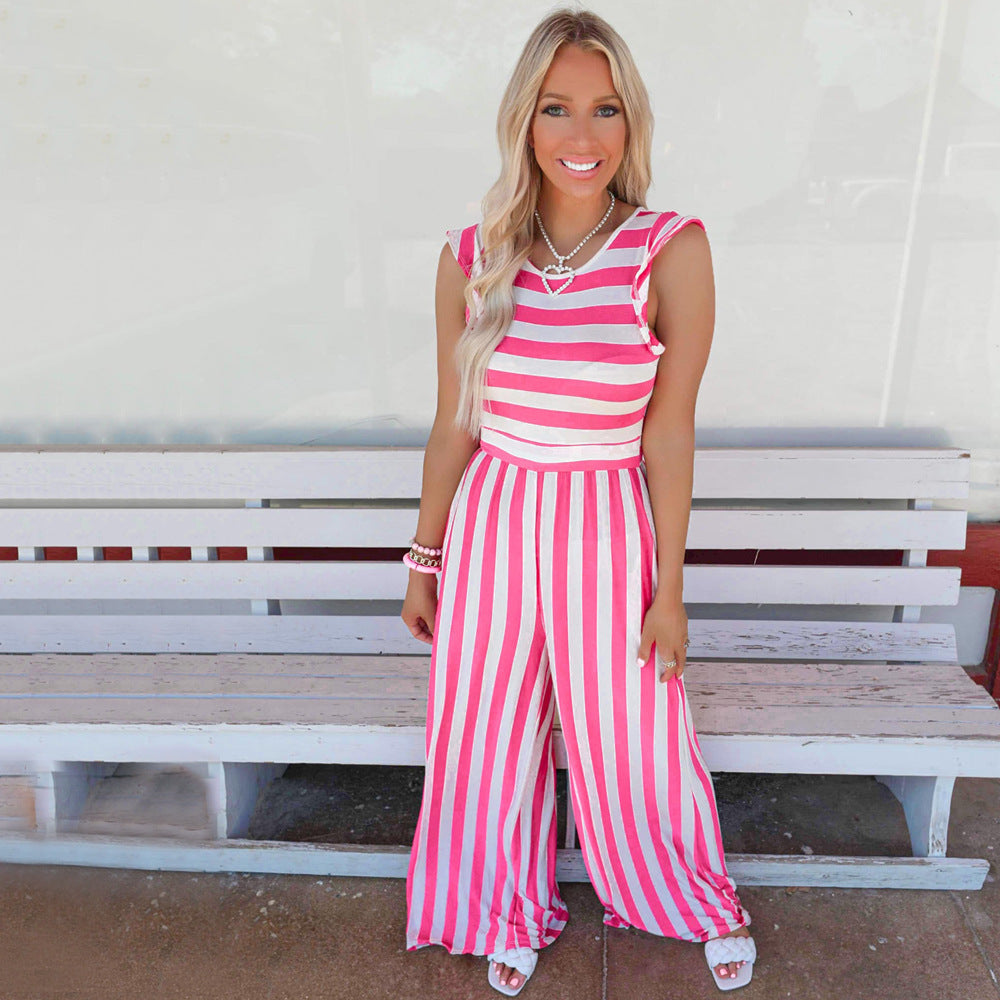 New Striped Crew Neck Sleeveless Casual Jumpsuit