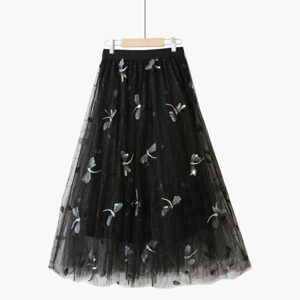 Dragonfly Embroidered Mesh Skirt Large Swing A- Line
