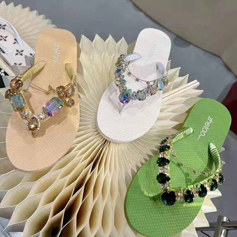 Women's Flat Bottom Bright Diamond Solid Color Non-slip Casual Beach Slippers