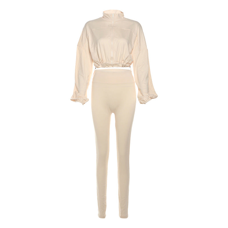 Drawstring Waist Zippered Midriff Baring Top Paired With High Waisted Solid Color Slim Fit Pants