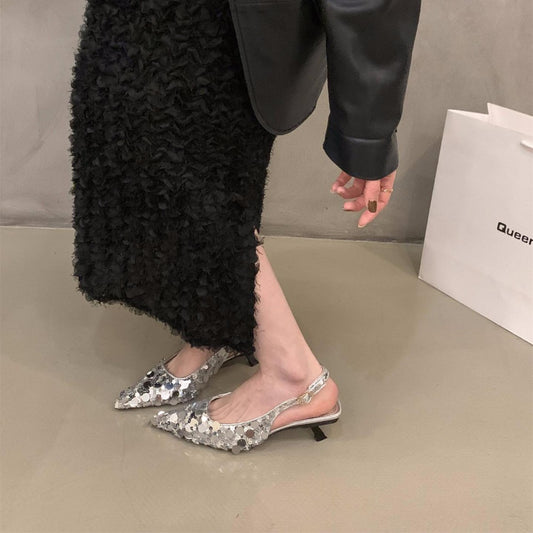 French Minority High Heel Silver Temperament Closed Toe Sandals