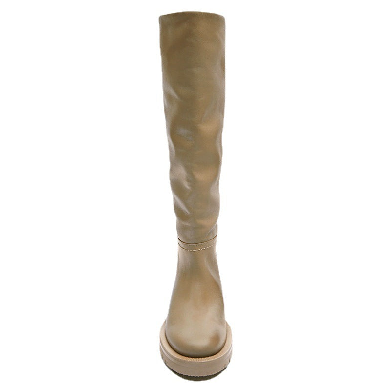 Leather Flat Round Toe Sand Brown Below The Knee High Leg Boots