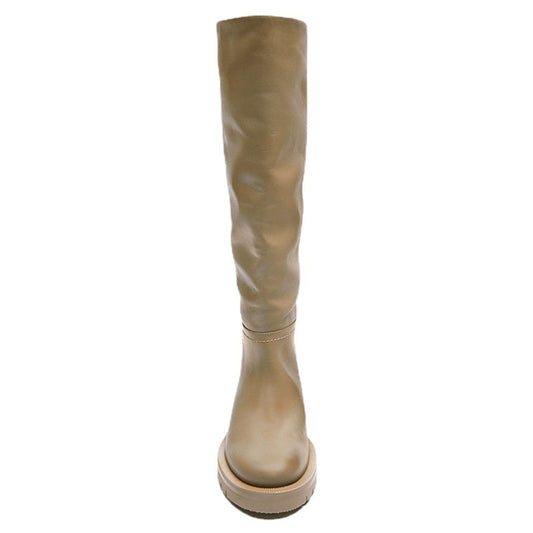 Leather Flat Round Toe Sand Brown Below The Knee High Leg Boots