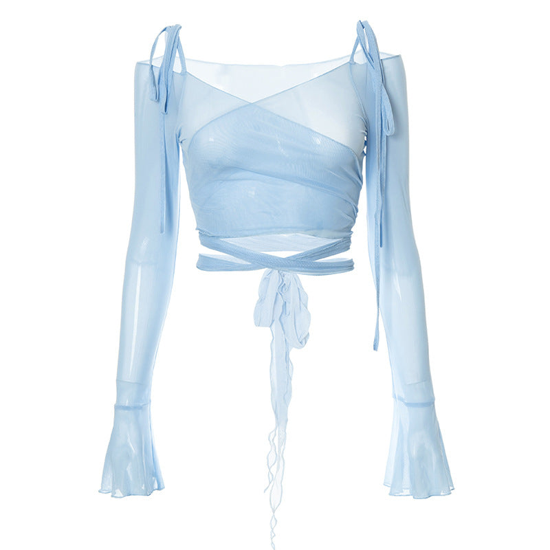 Mesh See-through Flare Sleeve Top For Women