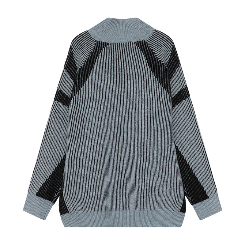 Men's Fashion Casual Retro Contrast Color Striped Zipped Stand Collar Sweater