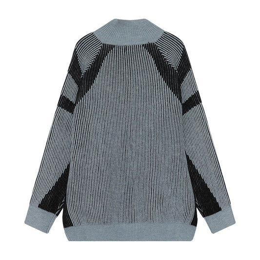 Men's Fashion Casual Retro Contrast Color Striped Zipped Stand Collar Sweater